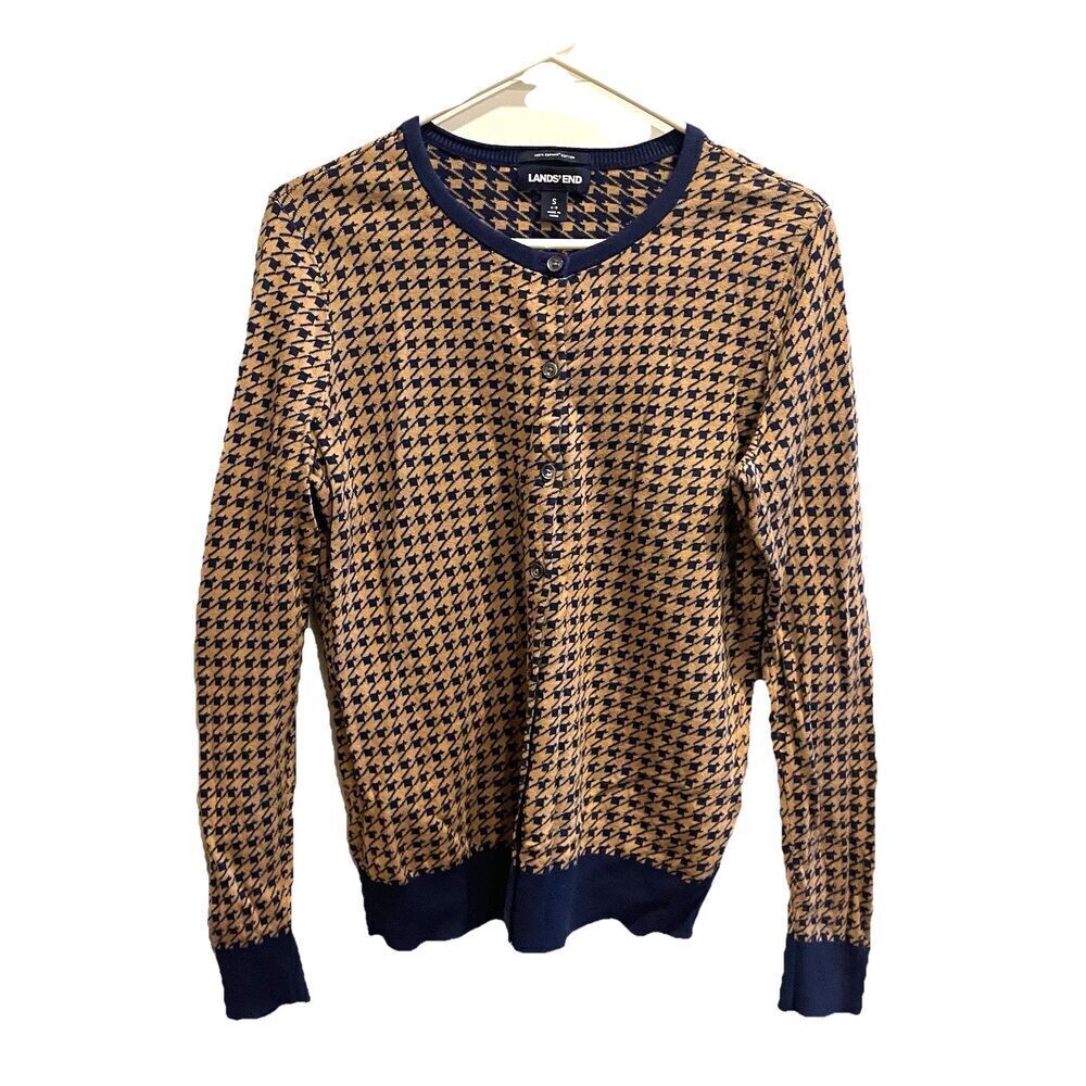 Lands End Navy Blue Tan Houndstooth Cardigan Women S Academia Preppy Collegiate